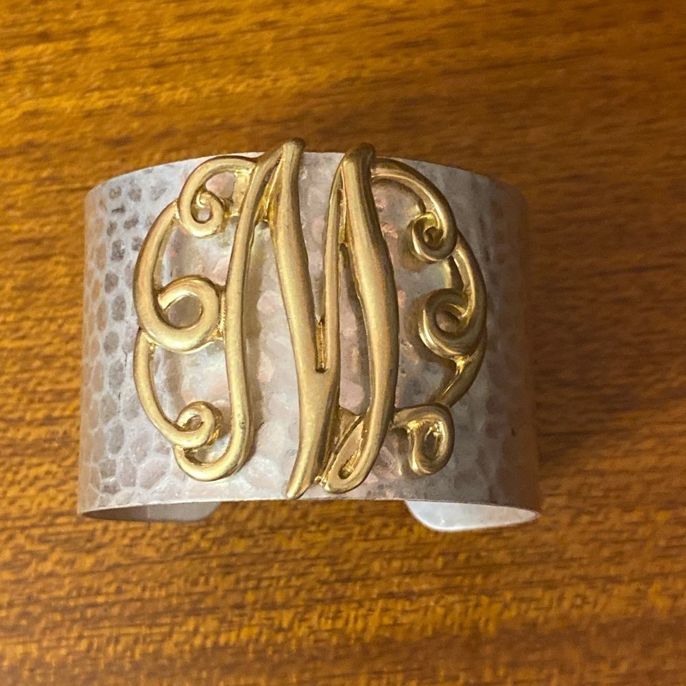 Gypsy Jewels Wide 2 Tone Hammered Boutique Look Monogram Initial Cuff Bracelet - Picture 7 of 10